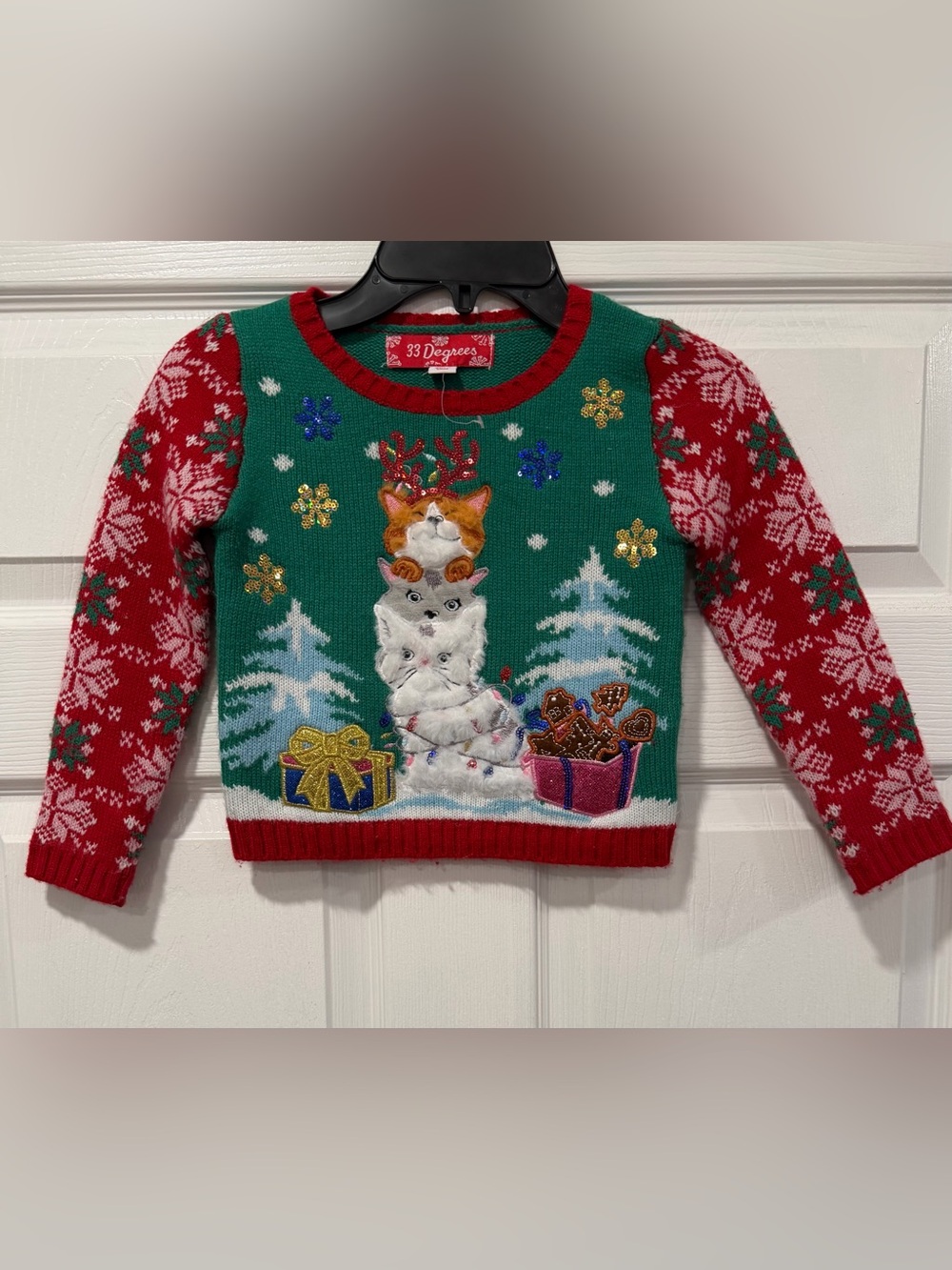 33 Degrees Green & Red Holiday Kitten Sweater Sequin Details Toddler Girl Size 4